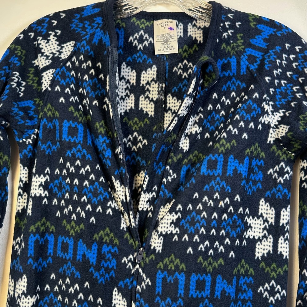 Lands End Kids Navy Fair Isle Snowflake Fleece Footed One Piece Pajamas Size 12 - Picture 4 of 7